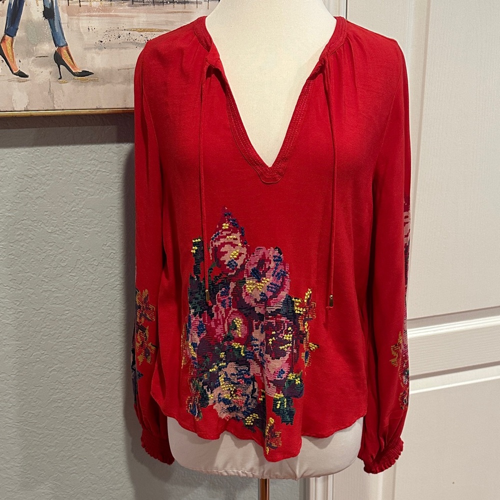 Anthropologie Sz Medium Scarlet Floral Embroidered Blouse